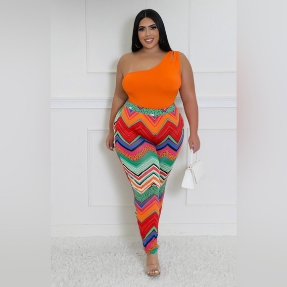 Women’s Plus Size 2-Piece Orange Bodysuit Multi Color Design Leggings Pants - Picture 2 of 13